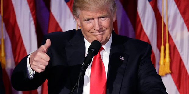 President-elect Donald Trump gives his acceptance speech during his election night rally, Wednesday...