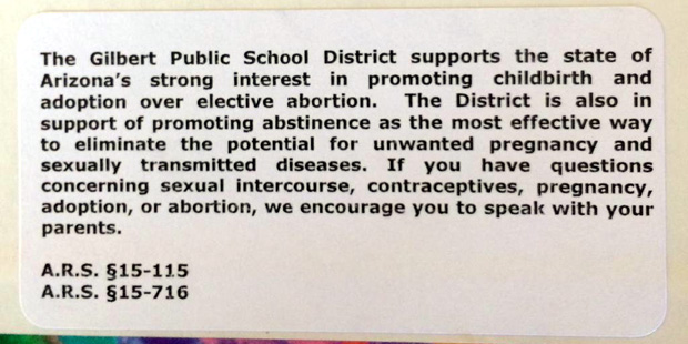 This sticker, placed inside some honors biology textbooks in Gilbert, Arizona, is raising eyebrows ...