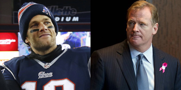 New England Patriots quarterback Tom Brady, left, and National Football League Commissioner Roger G...