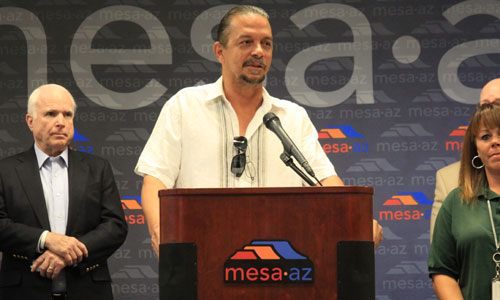 Marine veteran Larry Hutchison thanks Mesa leaders for getting him off the streets and into an apar...