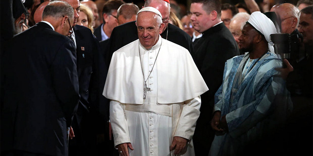 Pope Francis arrives at a multi-religious prayer for peace at the 9/11 Memorial and Museum on Frida...