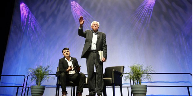 Democratic presidential candidate Sen. Bernie Sanders, I-Vt., tries to speak as he is shouted down ...