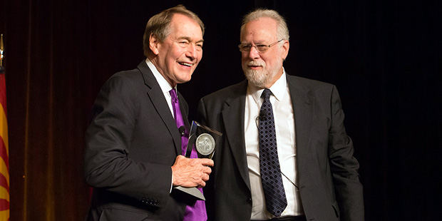 Charlie Rose accepts the 2015 Walter Cronkite Award for Excellence in Journalism from ASU Provost M...