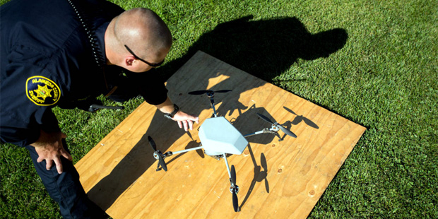 Alameda County Sheriff's Deputy Dave Durbin prepares to fly a drone during a demonstration of a sea...