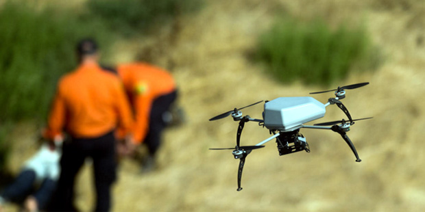 A drone flies over a ravine as the Alameda County Sheriff's Office demonstrates a search and rescue...