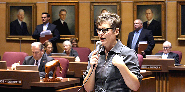 Senate Minority Leader Katie Hobbs, D-Phoenix, speaks during a special Senate session in Phoenix, F...
