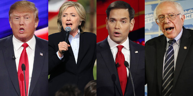 From left, hopeful presidential candidates Donald Trump, Hillary Clinton, Marco Rubio and Bernie Sa...