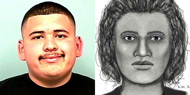 The victim, German Del Bosque (right) and a composite drawing of a suspect are shown. (Silent Witne...