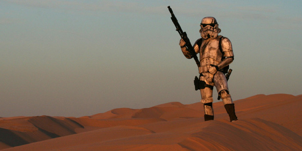 A fan dressed as a stormtrooper from "Star Wars" poses in Buttercup Valley, near Yuma, Arizona. (Fa...