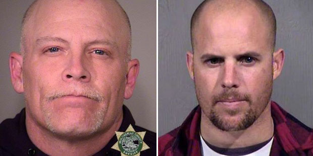 Joseph D. O'Shaughnessy left, and Jon Eric Ritzheimer booking photos.