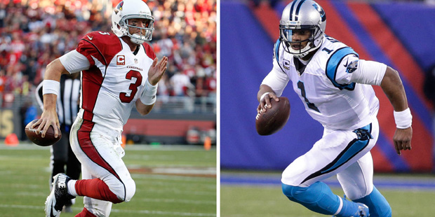 At left, in Nov. 29, 2015, file photo, Arizona Cardinals quarterback Carson Palmer (3) runs for a t...