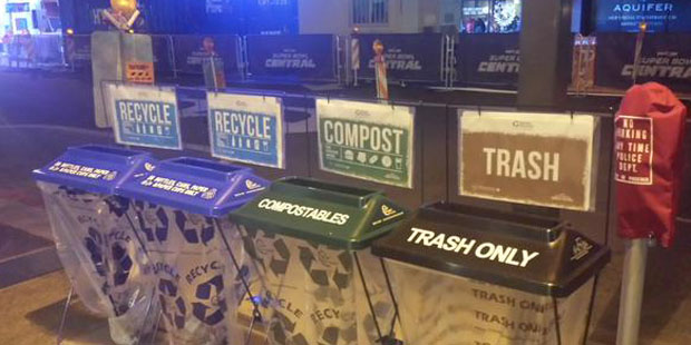 Waste reduction at a Super Bowl Central fan event downtown last year. (Twitter Photo/@NFLGreen) Rel...