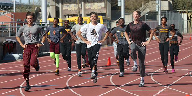 Members of the ASU track and field team warm up before practice. (Photo: Danielle Eurich/Cronkite N...