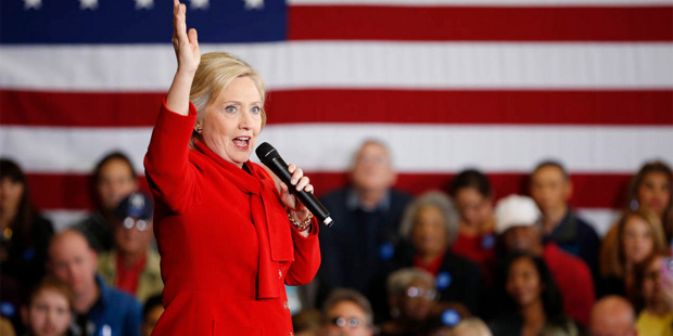 Democratic presidential candidate Hillary Clinton speaks during a rally Sunday, Feb. 14, 2016, in L...