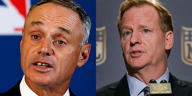 MLB Commissioner Rob Manfred (left) and NFL Commissioner Roger Goodell. (AP Photos)...