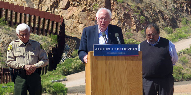 Democratic presidential candidate Bernie Sanders gives a press conference near the U.S.-Mexico inte...
