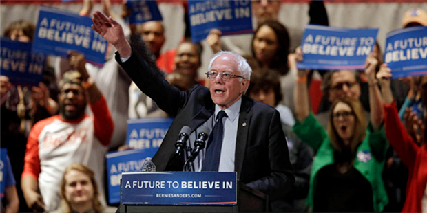 Democratic presidential candidate, Sen. Bernie Sanders, I-Vt., waves after speaking at a campaign r...