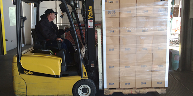 The donated eggs arrive at St. Mary's Food Bank Alliance. (KTAR Photo/Jim Cross)...
