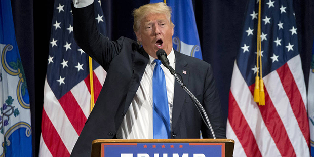 Republican presidential candidate Donald Trump speaks during a campaign rally in Bridgeport, Conn.,...