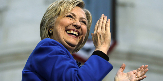 Democratic presidential candidate Hillary Clinton smiles during a campaign stop, Monday, April 25, ...