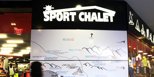 A map listing Southern California recreational opportunities is seen outside a Sport Chalet store i...