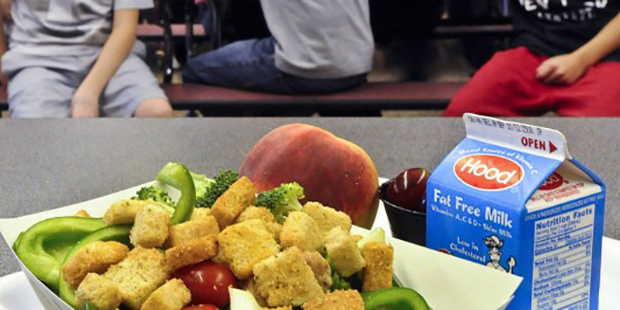 FILE – This Sept. 11, 2012 file photo shows a healthy chicken salad school lunch, prepared un...