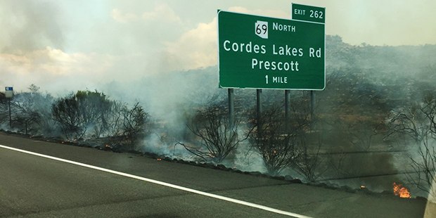 Smoke from the Bug Creek Fire that closed I-17 is shown. (Twitter Photo/@blmazfire)...