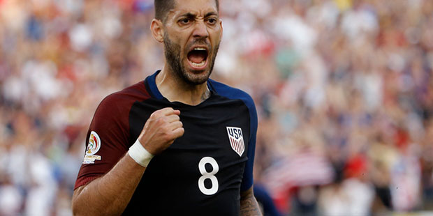 United States' Clint Dempsey reacts after scoring against Paraguay during the first half of a Copa ...