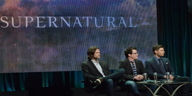 From left, Jared Padalecki, Producer Jeremy Carver and Jensen Ackles speak on stage during the R...
