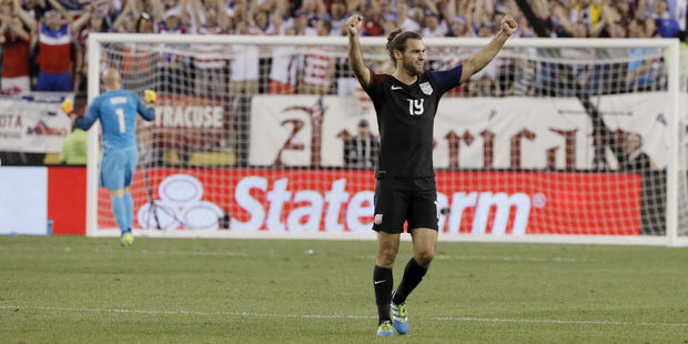 United States' Graham Zusi celebrates after winning a Copa America Group A soccer match against Par...