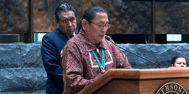 Conroy Chino, left, the traditional leader of the Acoma Pueblo, joined tribal Gov. Kurt Riley to as...