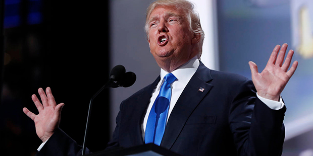 Republican Presidential Candidate Donald Trump speaks as he introduces his wife Melania Trump durin...