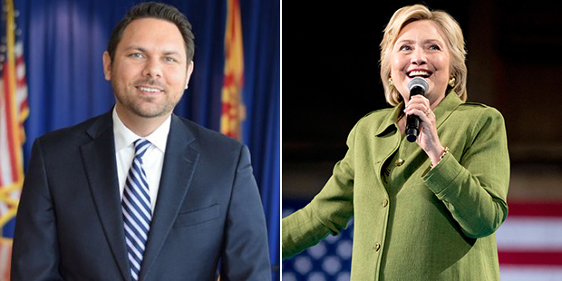 Seth Scott (left) and Hillary Clinton. (LinkedIn and AP photos)...