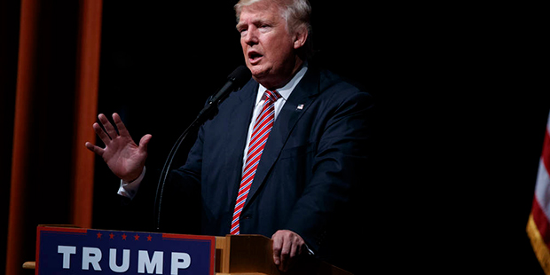 Republican presidential candidate Donald Trump speaks during a campaign rally at Briar Woods High S...