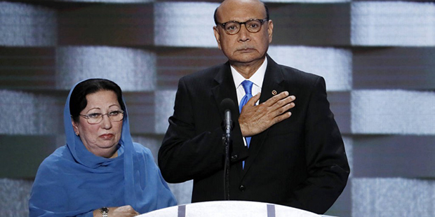 - In this Thursday, July 28, 2016 file photo, Khizr Khan, father of fallen US Army Capt. Humayun S. M. Khan and his wife Ghazala speak during the final day of the Democratic National Convention in Philadelphia. Republican presidential nominee Donald Trump broke a major American political and societal taboo over the weekend when he engaged in an emotionally-charged feud with Khizr and Ghazala Khan, the bereaved parents of a decorated Muslim Army captain killed by a suicide bomber in Iraq. He further stoked outrage by implying Ghazala Khan did not speak while standing alongside her husband at last week's Democratic convention because they are Muslim. (AP Photo/J. Scott Applewhite, File)
