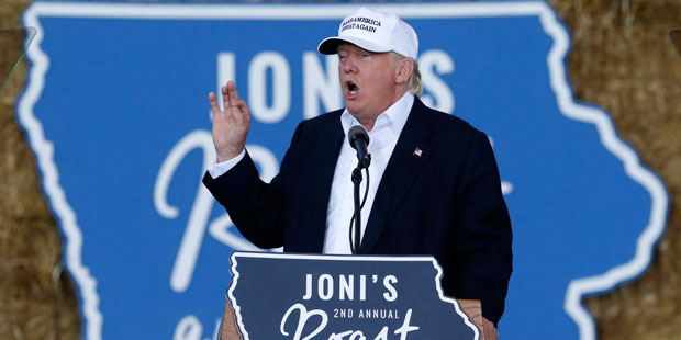 Republican presidential candidate Donald Trump speaks at Joni's Roast and Ride at the Iowa State Fa...
