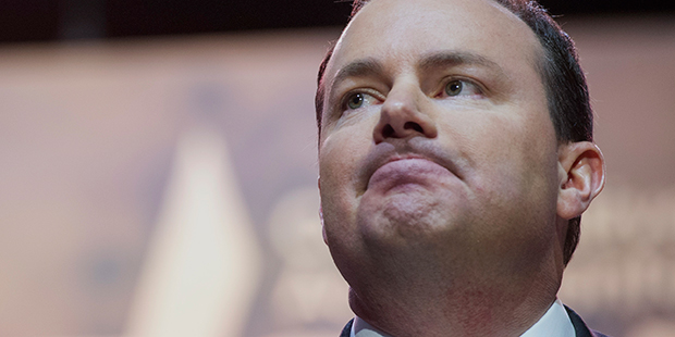 Sen. Mike Lee, R-Utah pauses while speaking at the Conservative Political Action Committee annual c...