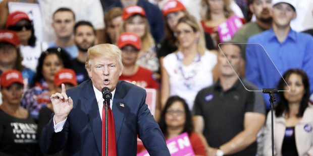 Republican presidential candidate Donald Trump speaks at a rally Saturday, Oct. 29, 2016, in Phoeni...