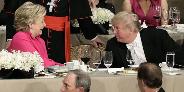 Democratic presidential candidate Hillary Clinton, left, speaks to Republican presidential candidat...