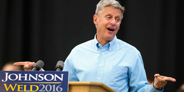 FILE - In this Sept. 3, 2016 file photo, Libertarian presidential candidate Gary Johnson speaks dur...