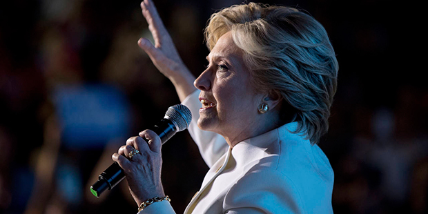 Democratic presidential candidate Hillary Clinton speaks to a debate watch party at the Craig Ranch...