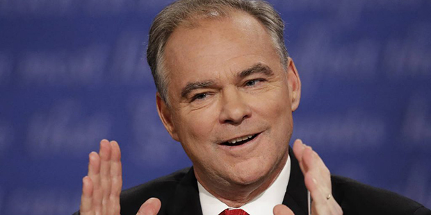 Democratic vice-presidential nominee Sen. Tim Kaine speaks during the vice-presidential debate with...