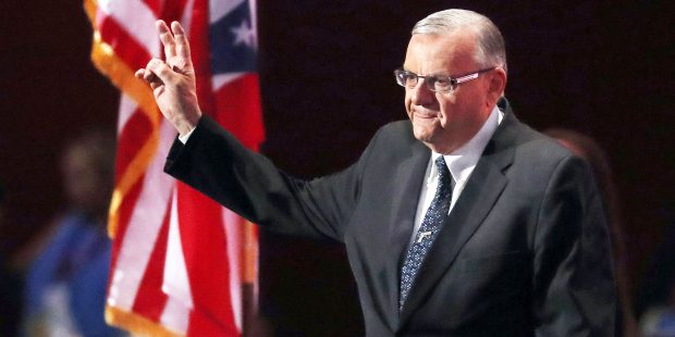 FILE - In this July 21, 2016 file photo, Phoenix, Arizona Sheriff Joe Arpaio walks on the stage to ...