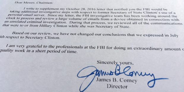 Part of a Nov. 6, 2016, letter from FBI director James Comey to Congress is photographed in Washing...