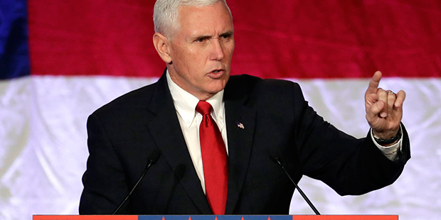 Republican vice presidential candidate, Indiana Gov. Mike Pence speaks at a campaign stop, Wednesda...