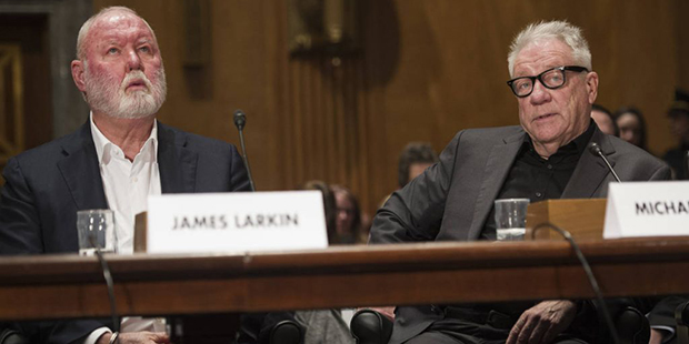 Former Backpage.com owners, James Larkin, left, and Michael Lacey appear on Capitol Hill in Washing...