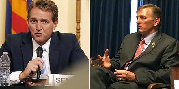 U.S. Sen. Jeff Flake, left,(AP Photo); U.S. Rep. Paul Gosar, right.(Twitter Photo)...