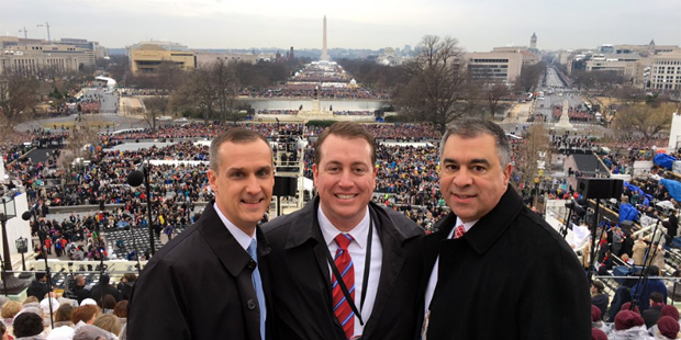 Arizona Treasurer Jeff DeWit, middle, poses with Deputy Campaign Manager David Bossie, right, and f...