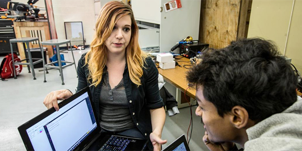 Systems engineering doctoral student Samantha Janko goes over information for the power team with g...
