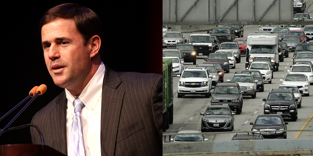 Arizona Gov. Doug Ducey, right. (Flickr/Gage Skidmore and AP Photos)...